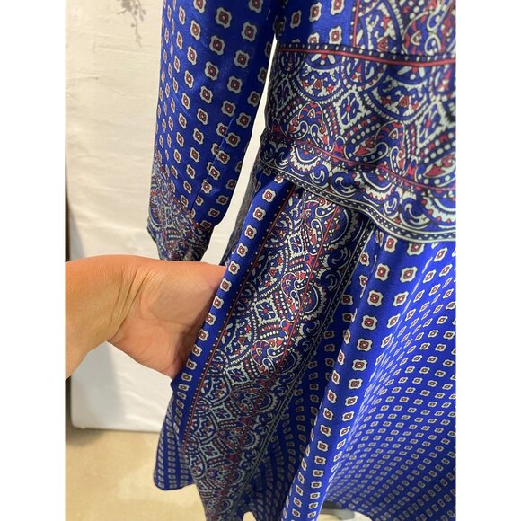 Vintage-Inspired Blue Silk Dress With Paisley &Geometric Print 3/4 Sleeves Sz XS - Picture 8 of 16